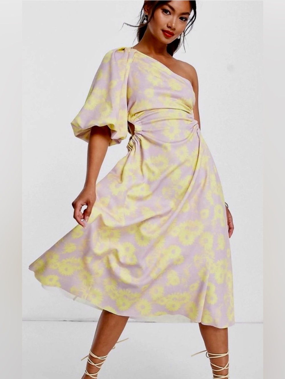 Zara Lilac and Pastel Yellow One-Shoulder Floral Midi Dress
